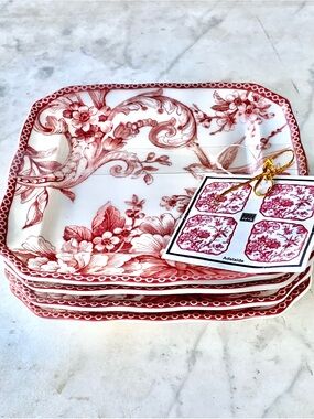 222 FIFTH ADELAIDE MAROON APPETIZER PLATES SET OF 4 NEW SQUARE PORCELAIN 6 3/4TH